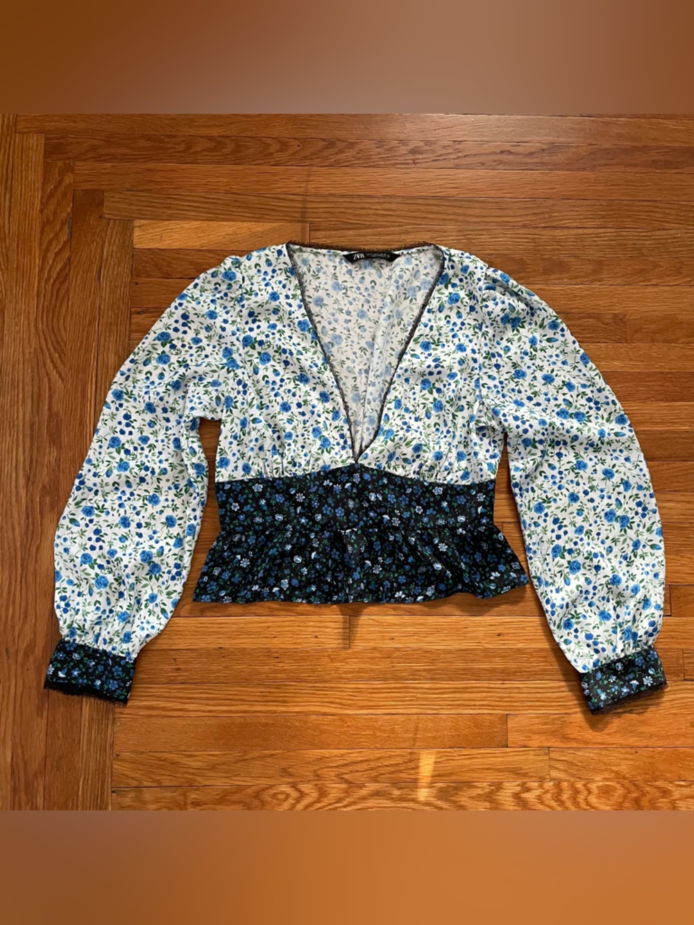 Zara Cream Blouse with Blue and Green Floral Print